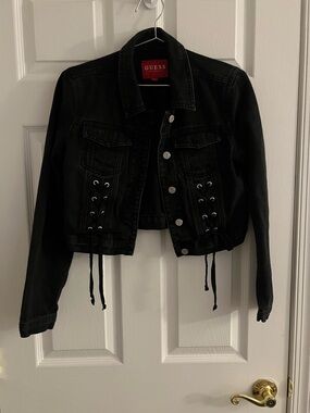 GUESS Black Cropped Lace-Up Denim Jacket